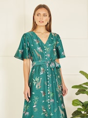 Yumi Green Satin Animal Safari Print Midi Shirt Dress - Image 3 of 5