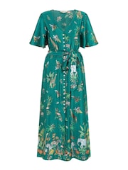 Yumi Green Satin Animal Safari Print Midi Shirt Dress - Image 5 of 5