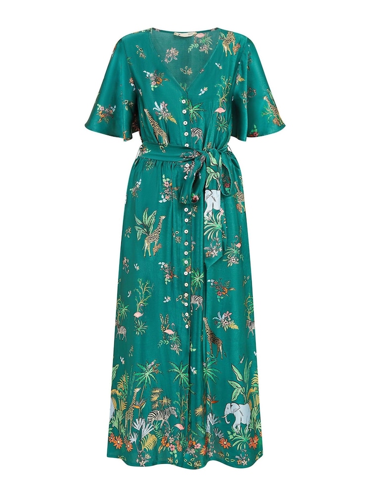 Yumi Green Satin Animal Safari Print Midi Shirt Dress - Image 5 of 5 Yumi Green Satin Animal Safari Print Midi Shirt Dress - Image 5 of 5
