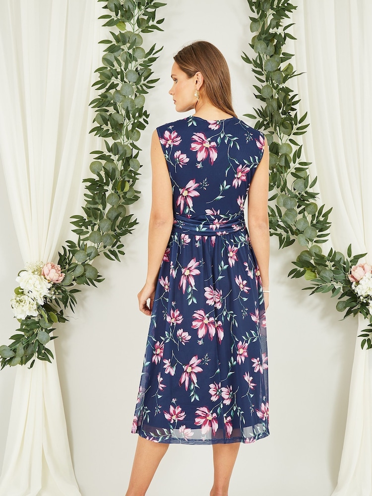 Yumi Blue Floral Print Mesh Stretch Midi Dress With Pockets - Image 2 of 5