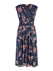 Yumi Blue Floral Print Mesh Stretch Midi Dress With Pockets - Image 5 of 5