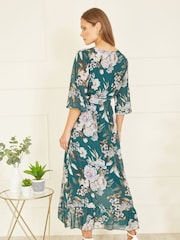 Yumi Blue Floral Wrap Midi Dress With Frill - Image 2 of 5