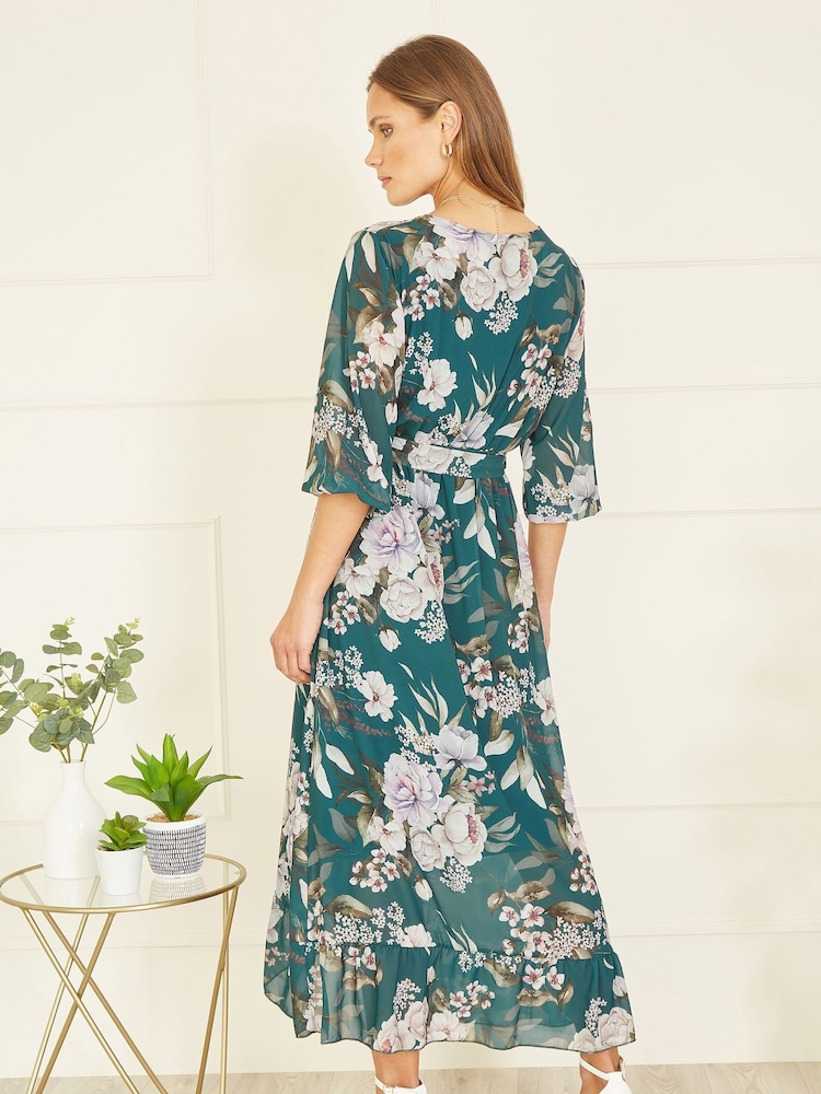 Yumi Blue Floral Wrap Midi Dress With Frill - Image 2 of 5