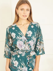 Yumi Blue Floral Wrap Midi Dress With Frill - Image 3 of 5