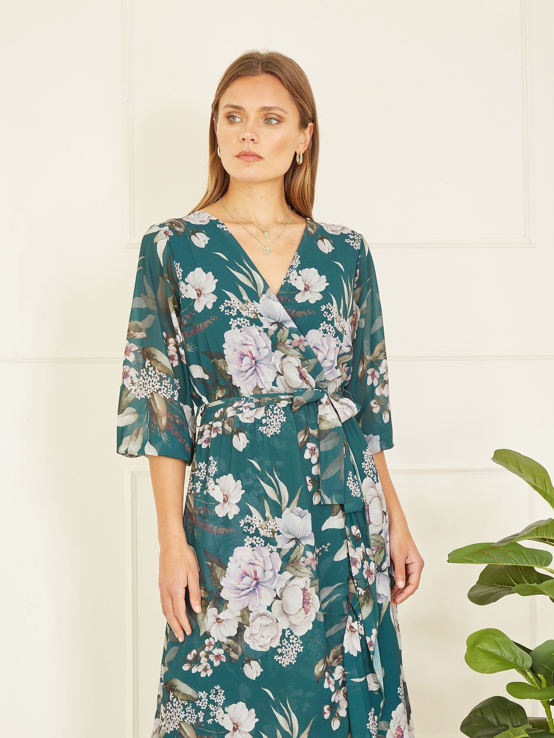 Buy Yumi Blue Floral Wrap Midi Dress With Frill from the Next UK online shop