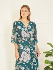 Yumi Blue Floral Wrap Midi Dress With Frill - Image 4 of 5