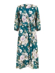 Yumi Blue Floral Wrap Midi Dress With Frill - Image 5 of 5