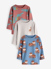 Neutral/Tan 100% Cotton Long Sleeve Animal Print Character T-Shirts 3 Pack (3mths-7yrs) - Image 1 of 6