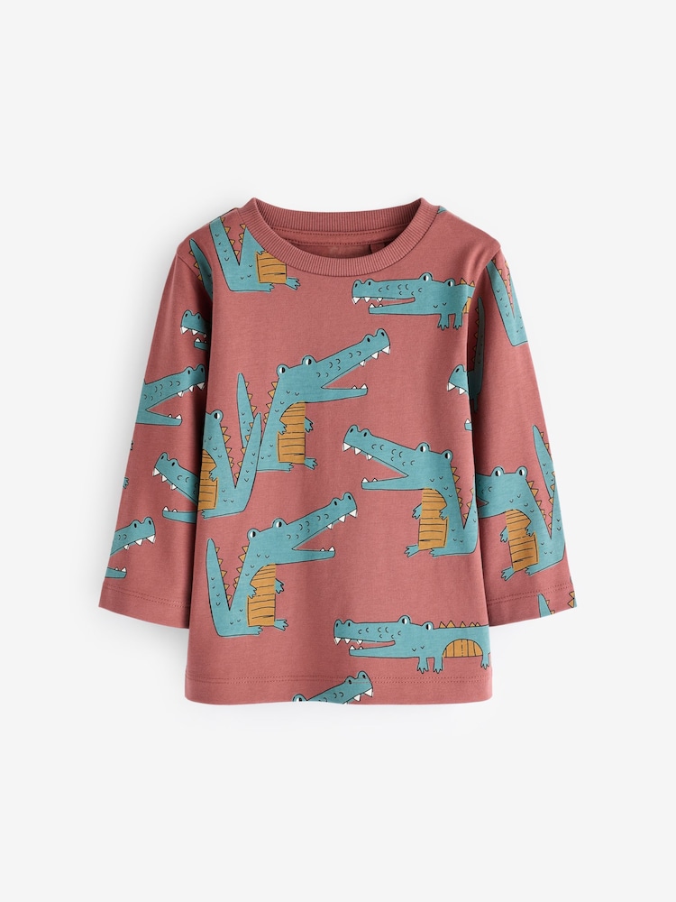 Neutral/Tan 100% Cotton Long Sleeve Animal Print Character T-Shirts 3 Pack (3mths-7yrs) - Image 2 of 6