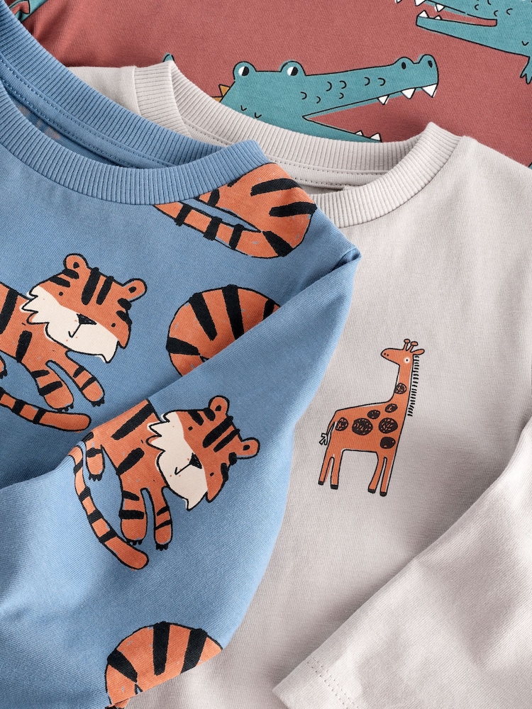Neutral/Tan 100% Cotton Long Sleeve Animal Print Character T-Shirts 3 Pack (3mths-7yrs) - Image 6 of 6
