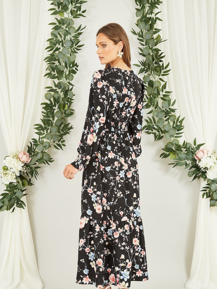 Yumi Black Blossom Floral Print Ruched Long Sleeves Midi Dress - Image 2 of 4