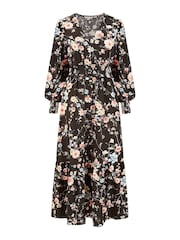 Yumi Black Blossom Floral Print Ruched Long Sleeves Midi Dress - Image 4 of 4