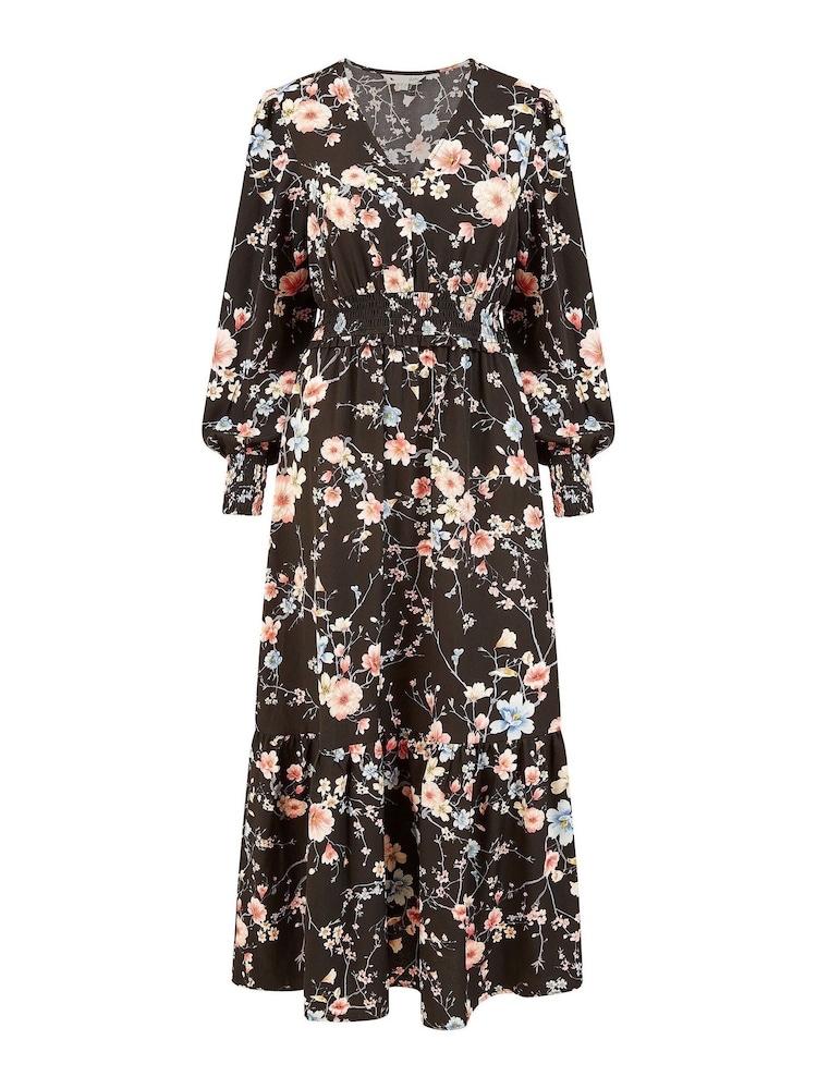 Yumi Black Blossom Floral Print Ruched Long Sleeves Midi Dress - Image 4 of 4
