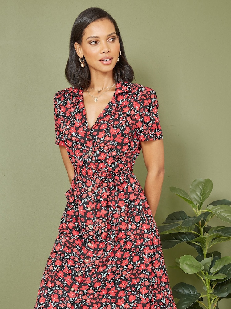 Yumi Red Poppy Print Retro Shirt Dress - Image 1 of 6
