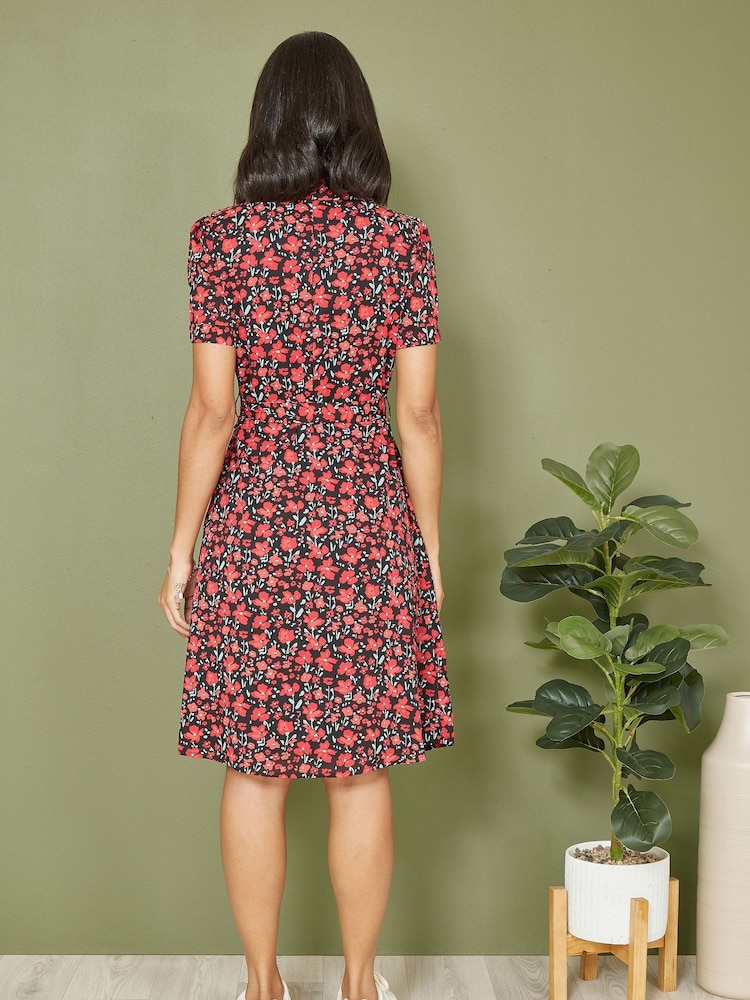 Yumi Red Poppy Print Retro Shirt Dress - Image 2 of 6