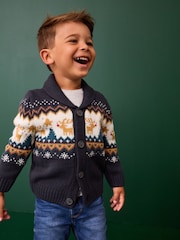 Navy Blue Fairisle Pattern Christmas Knitted Cardigan (3mths-7yrs) - Image 1 of 7