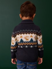 Navy Blue Fairisle Pattern Christmas Knitted Cardigan (3mths-7yrs) - Image 3 of 7