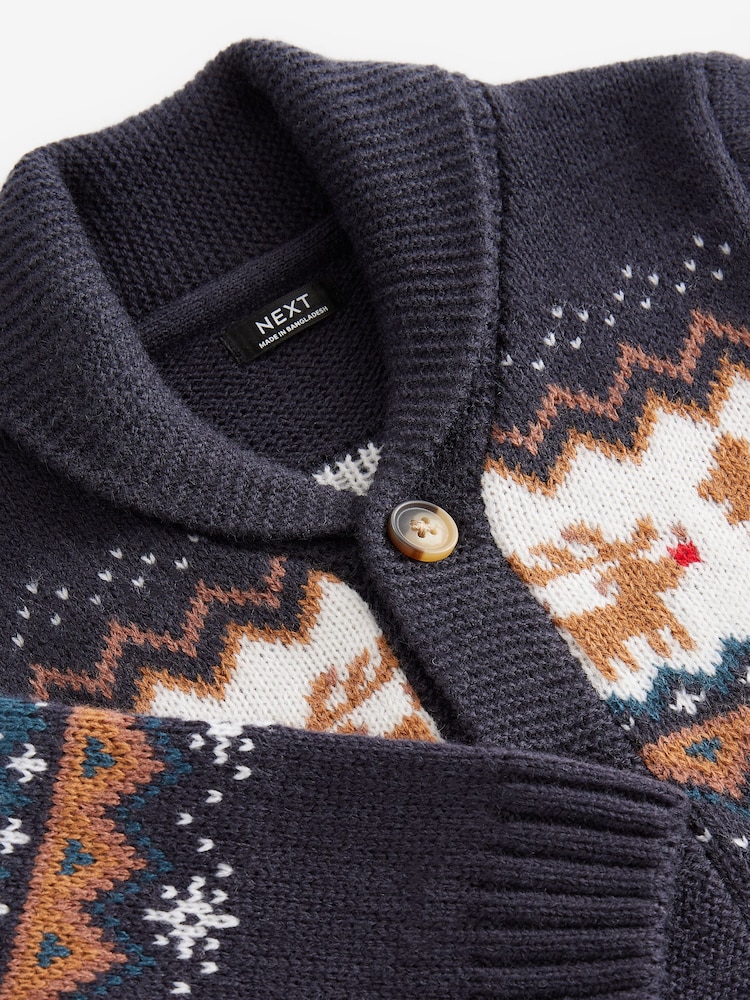 Navy Blue Fairisle Pattern Christmas Knitted Cardigan (3mths-7yrs) - Image 7 of 7