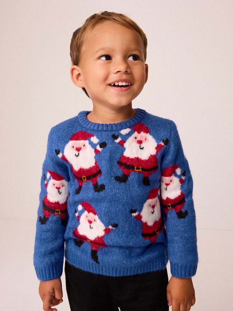 Blue Santa Christmas Crew Neck Jumper (3mths-7yrs) - Image 1 of 7