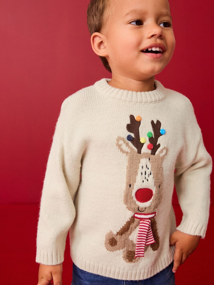 Ecru Reindeer Christmas Crew Neck Jumper (3mths-7yrs) - Image 1 of 7