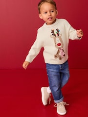 Ecru Reindeer Christmas Crew Neck Jumper (3mths-7yrs) - Image 2 of 7