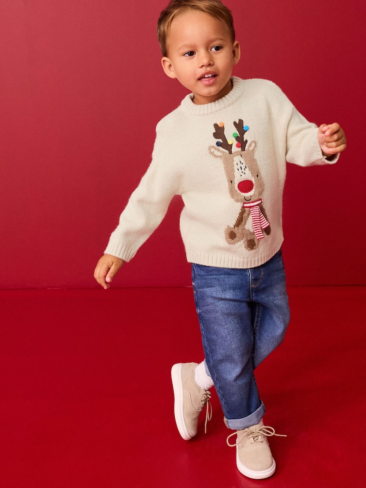 Ecru Reindeer Christmas Crew Neck Jumper (3mths-7yrs) - Image 2 of 7