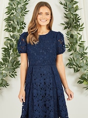 Yumi Blue Lace Skater Dress With Puff Sleeves - Image 1 of 5