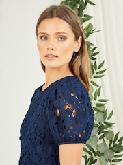 Yumi Blue Lace Skater Dress With Puff Sleeves - Image 2 of 5