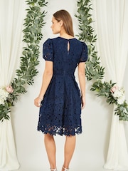 Yumi Blue Lace Skater Dress With Puff Sleeves - Image 4 of 5