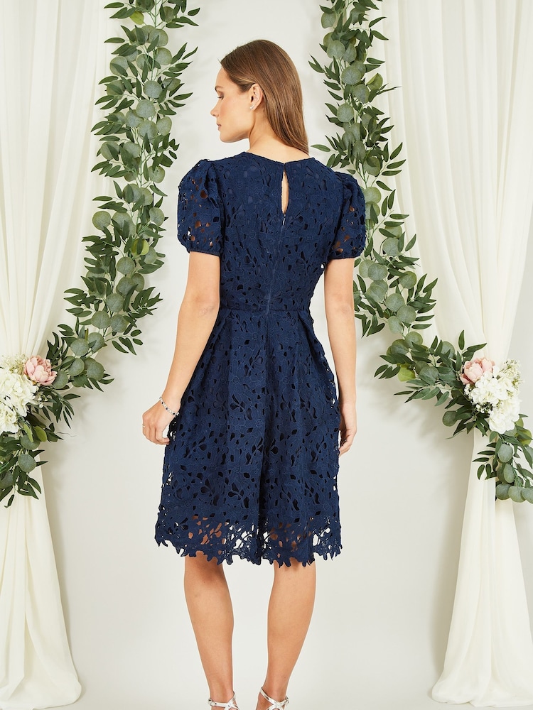 Yumi Blue Lace Skater Dress With Puff Sleeves - Image 4 of 5