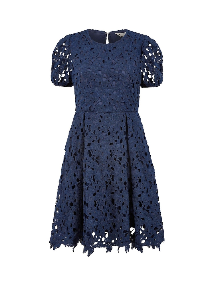 Yumi Blue Lace Skater Dress With Puff Sleeves - Image 5 of 5 Yumi Blue Lace Skater Dress With Puff Sleeves - Image 5 of 5