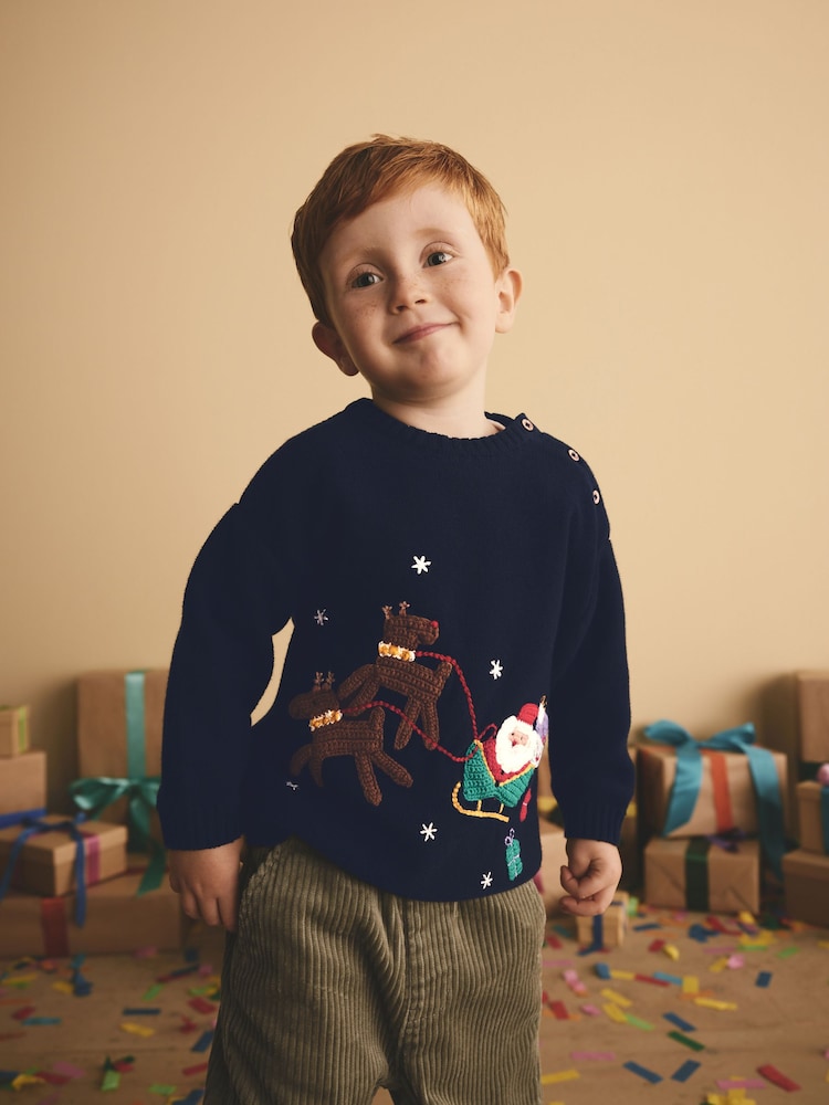 Navy Blue Santa Reindeer Sleigh 100% Cotton Christmas Jumper (3mths-7yrs) - Image 1 of 8