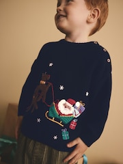 Navy Blue Santa Reindeer Sleigh 100% Cotton Christmas Jumper (3mths-7yrs) - Image 3 of 8