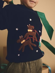 Navy Blue Santa Reindeer Sleigh 100% Cotton Christmas Jumper (3mths-7yrs) - Image 4 of 8