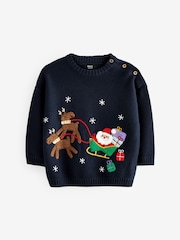 Navy Blue Santa Reindeer Sleigh 100% Cotton Christmas Jumper (3mths-7yrs) - Image 5 of 8