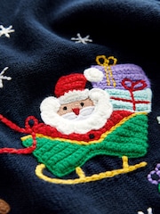 Navy Blue Santa Reindeer Sleigh 100% Cotton Christmas Jumper (3mths-7yrs) - Image 8 of 8