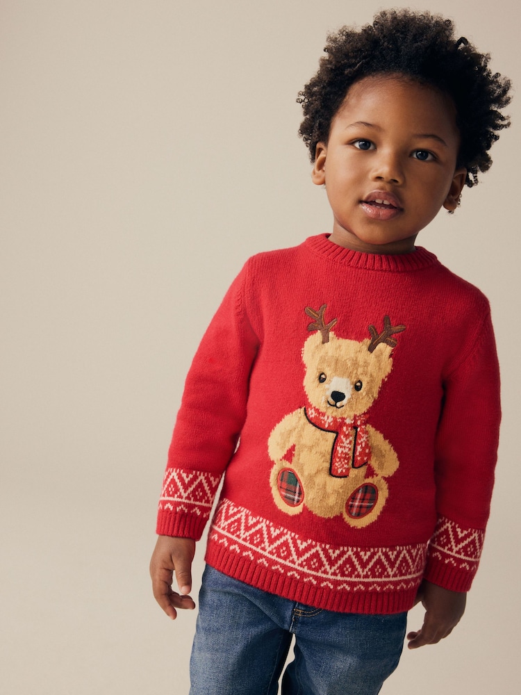 Red Bear Christmas Crew Neck Jumper (3mths-7yrs) - Image 1 of 8