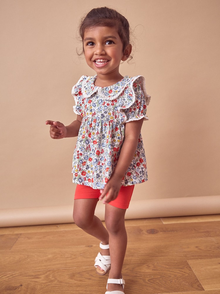 Red/Blue Ditsy Floral Short Sleeve 100% Cotton Blouse and Cycle Shorts Set (3mths-7yrs) - Image 1 of 6 Red/Blue Ditsy Floral Short Sleeve 100% Cotton Blouse and Cycle Shorts Set (3mths-7yrs) - Image 1 of 6