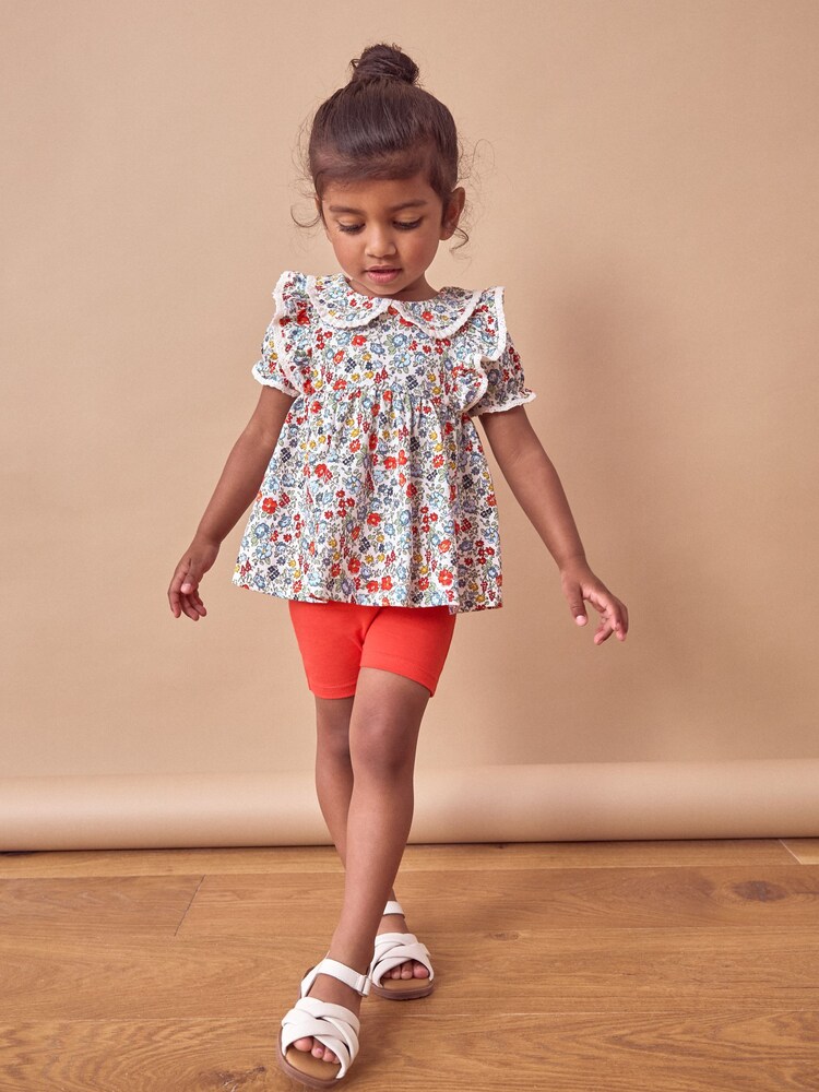 Red/Blue Ditsy Floral Short Sleeve 100% Cotton Blouse and Cycle Shorts Set (3mths-7yrs) - Image 2 of 6 Red/Blue Ditsy Floral Short Sleeve 100% Cotton Blouse and Cycle Shorts Set (3mths-7yrs) - Image 2 of 6