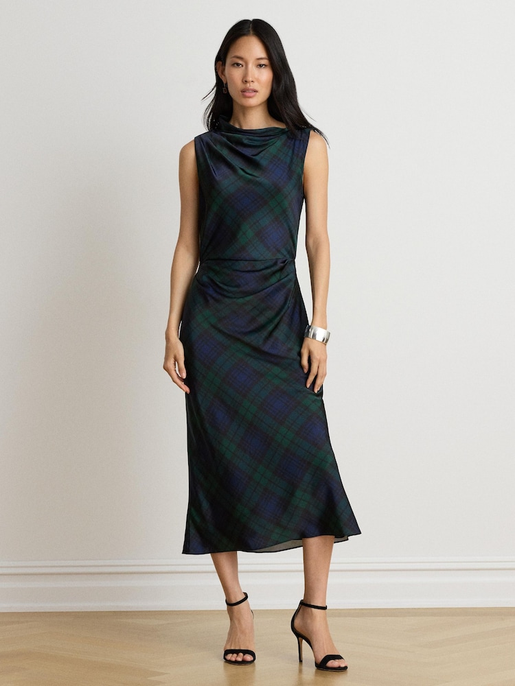 Lauren Ralph Lauren Blue Ardalla Plaid Print Draped Cocktail Dress - Image 1 of 10