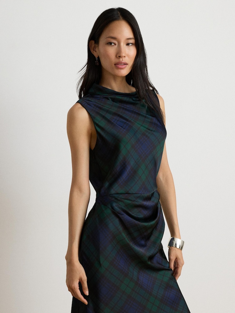 Lauren Ralph Lauren Blue Ardalla Plaid Print Draped Cocktail Dress - Image 10 of 10