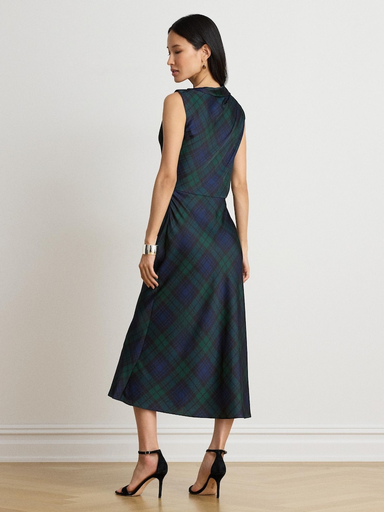 Lauren Ralph Lauren Blue Ardalla Plaid Print Draped Cocktail Dress - Image 2 of 10
