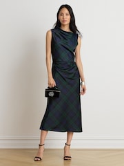 Lauren Ralph Lauren Blue Ardalla Plaid Print Draped Cocktail Dress - Image 4 of 10