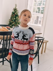 Navy Blue/Pink Matching Family Girls Christmas Fair Isle Pattern Reindeer Jumper (3mths-16yrs) - Image 1 of 7