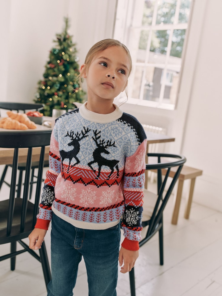 Navy Blue/Pink Matching Family Girls Christmas Fair Isle Pattern Reindeer Jumper (3mths-16yrs) - Image 1 of 7