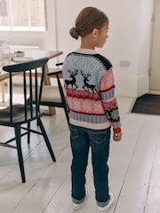 Navy Blue/Pink Matching Family Girls Christmas Fair Isle Pattern Reindeer Jumper (3mths-16yrs) - Image 3 of 7