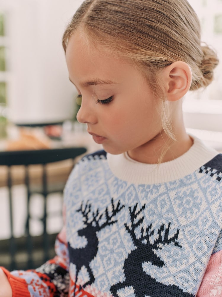 Navy Blue/Pink Matching Family Girls Christmas Fair Isle Pattern Reindeer Jumper (3mths-16yrs) - Image 4 of 7
