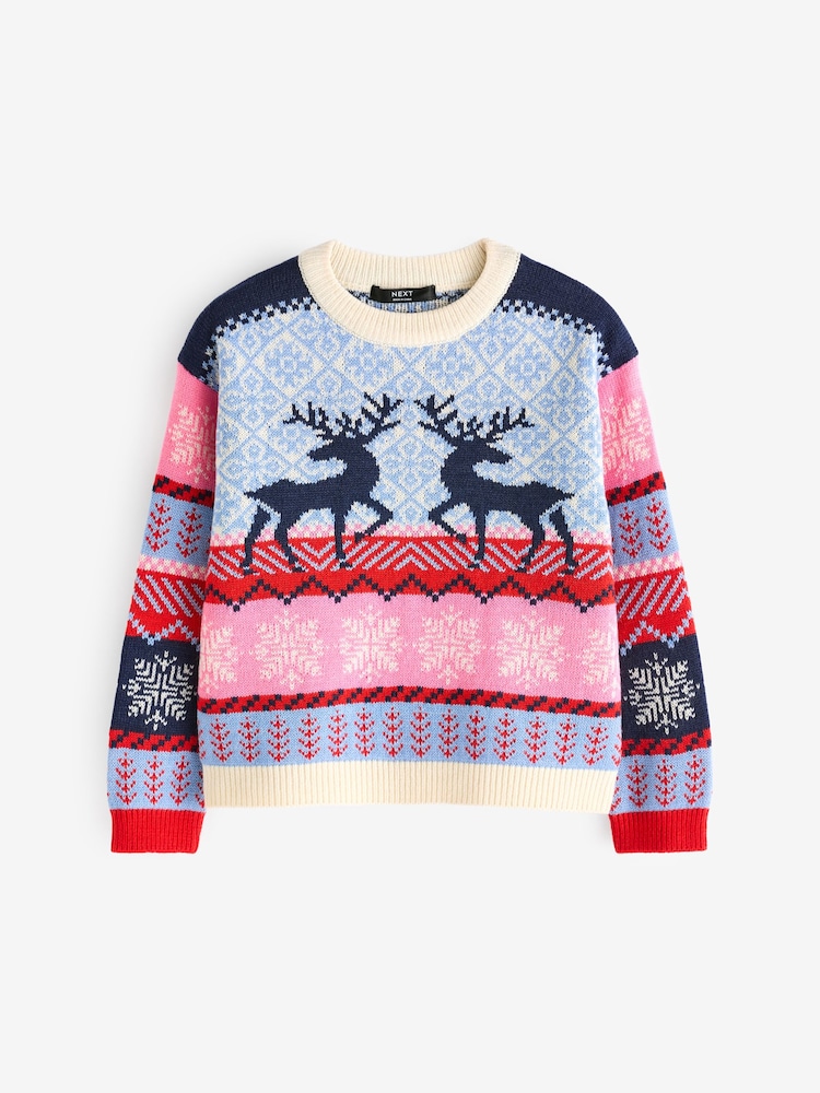 Navy Blue/Pink Matching Family Girls Christmas Fair Isle Pattern Reindeer Jumper (3mths-16yrs) - Image 5 of 7