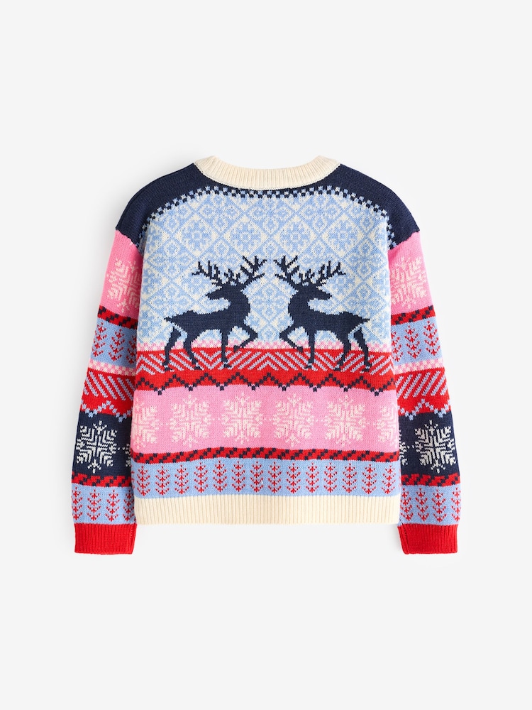 Navy Blue/Pink Matching Family Girls Christmas Fair Isle Pattern Reindeer Jumper (3mths-16yrs) - Image 6 of 7