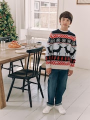 Navy Blue/Red Matching Family Boys Christmas Fairisle Pattern Reindeer Jumper (3mths-16yrs) - Image 1 of 8